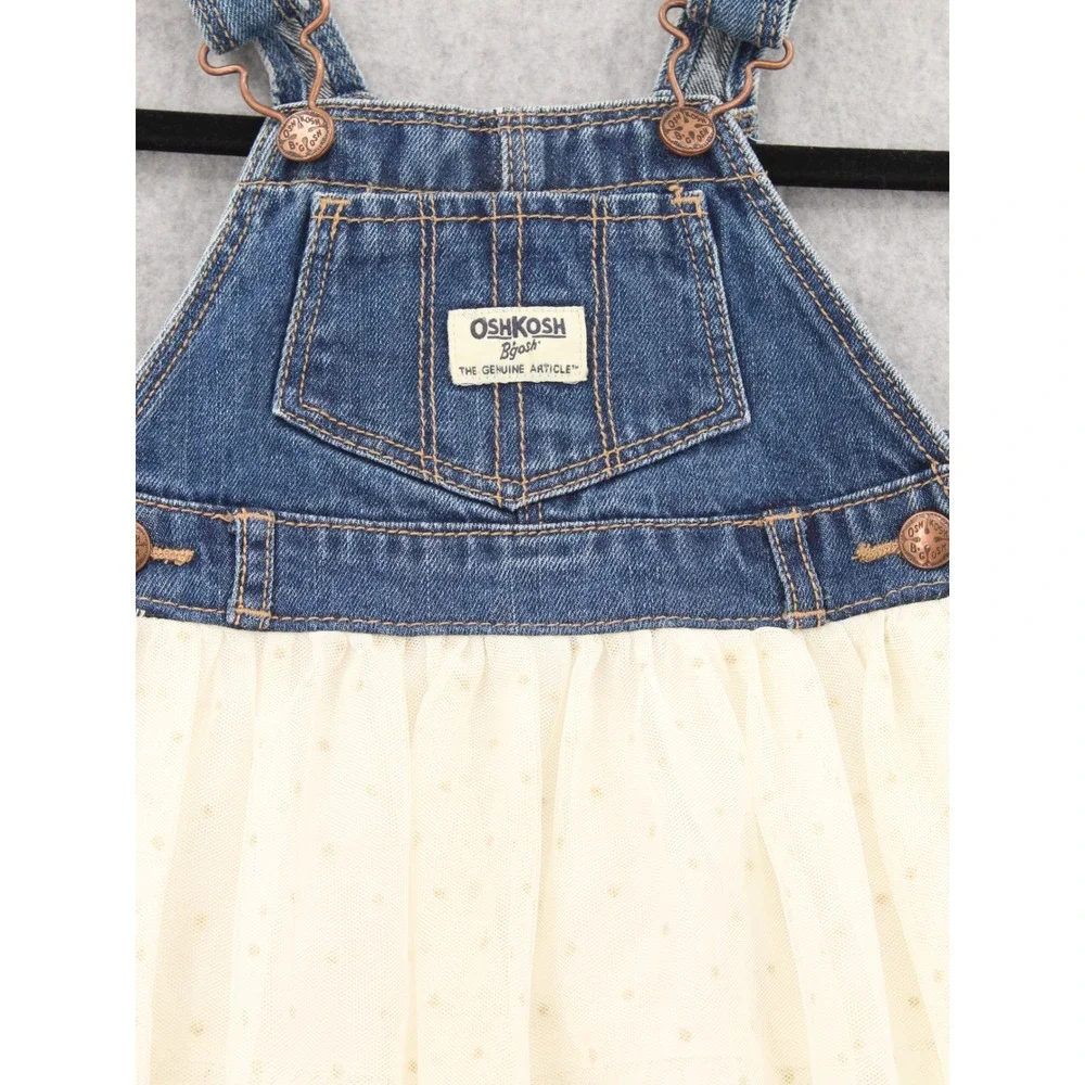 OshKosh Bgosh Baby‎ Girls 18M Denim Tulle Tutu Overall Dress Blue Cream Gold Dot